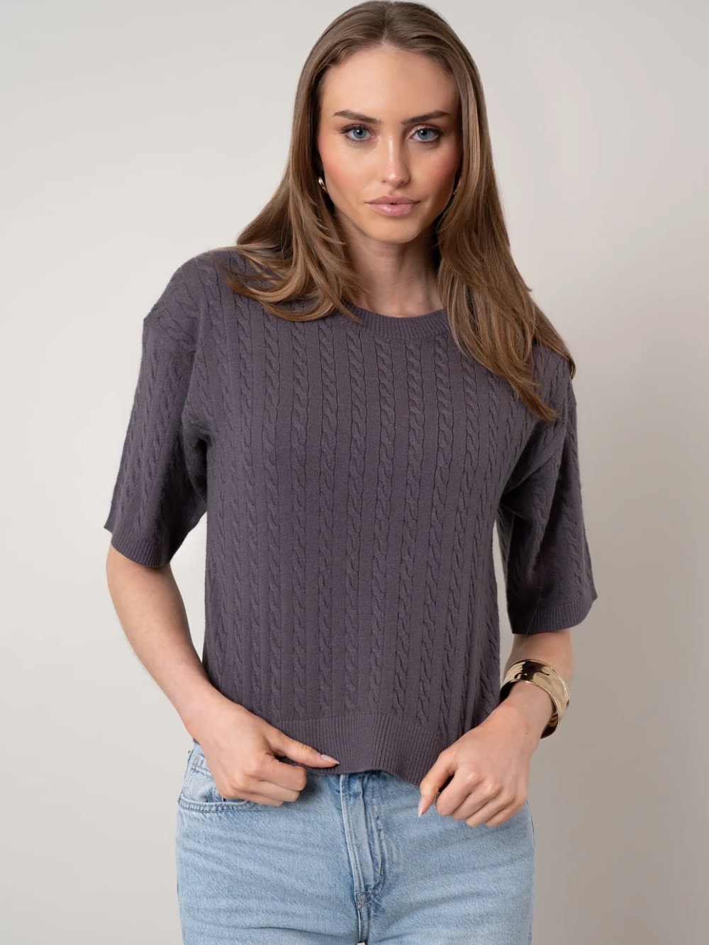 Cyrus The Cable Knit Sweater Tee Sz M w MEASUREMENTS Grey